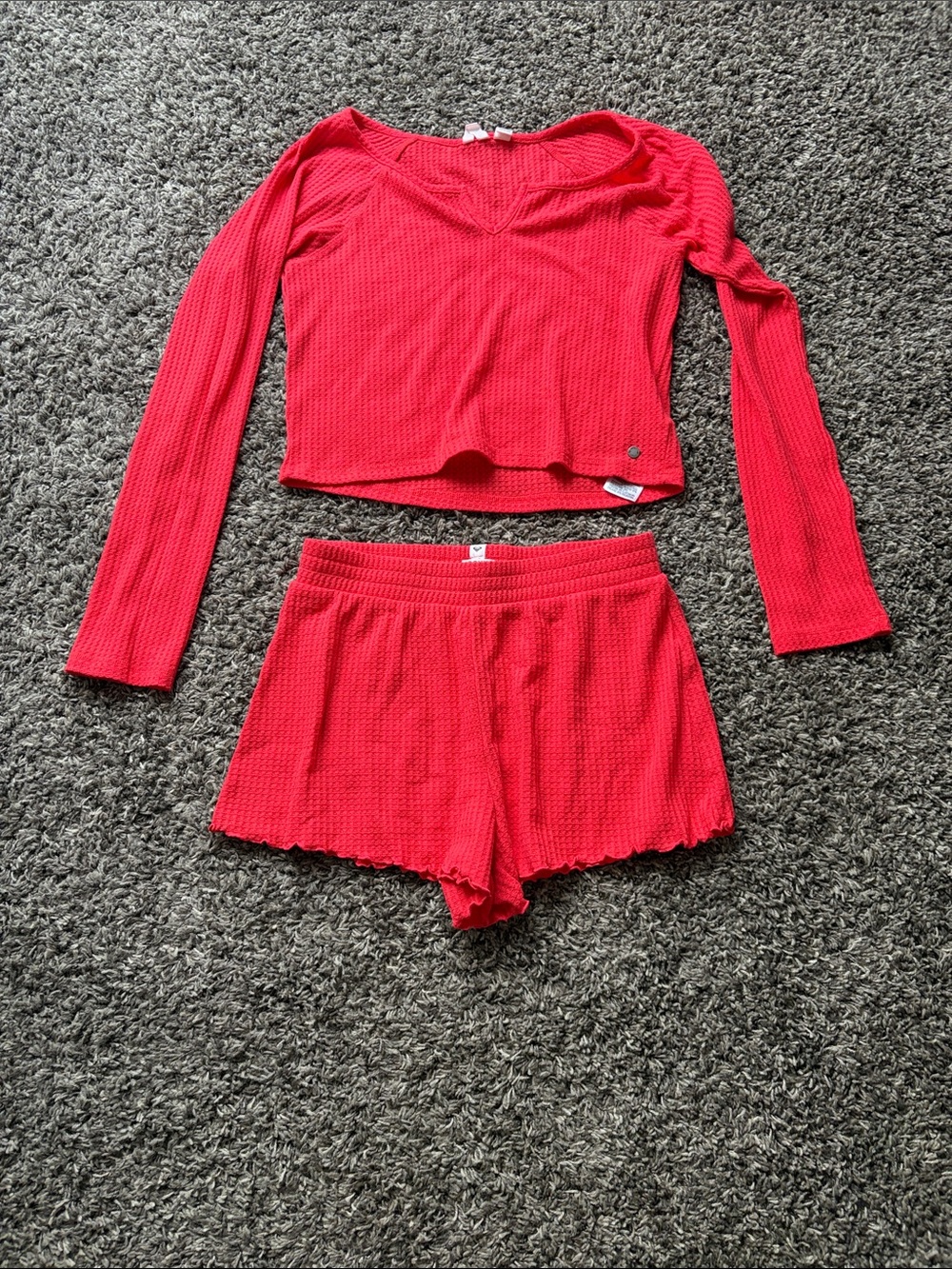 Roxy Red Waffle Knit Lounge Set - Top & Shorts
